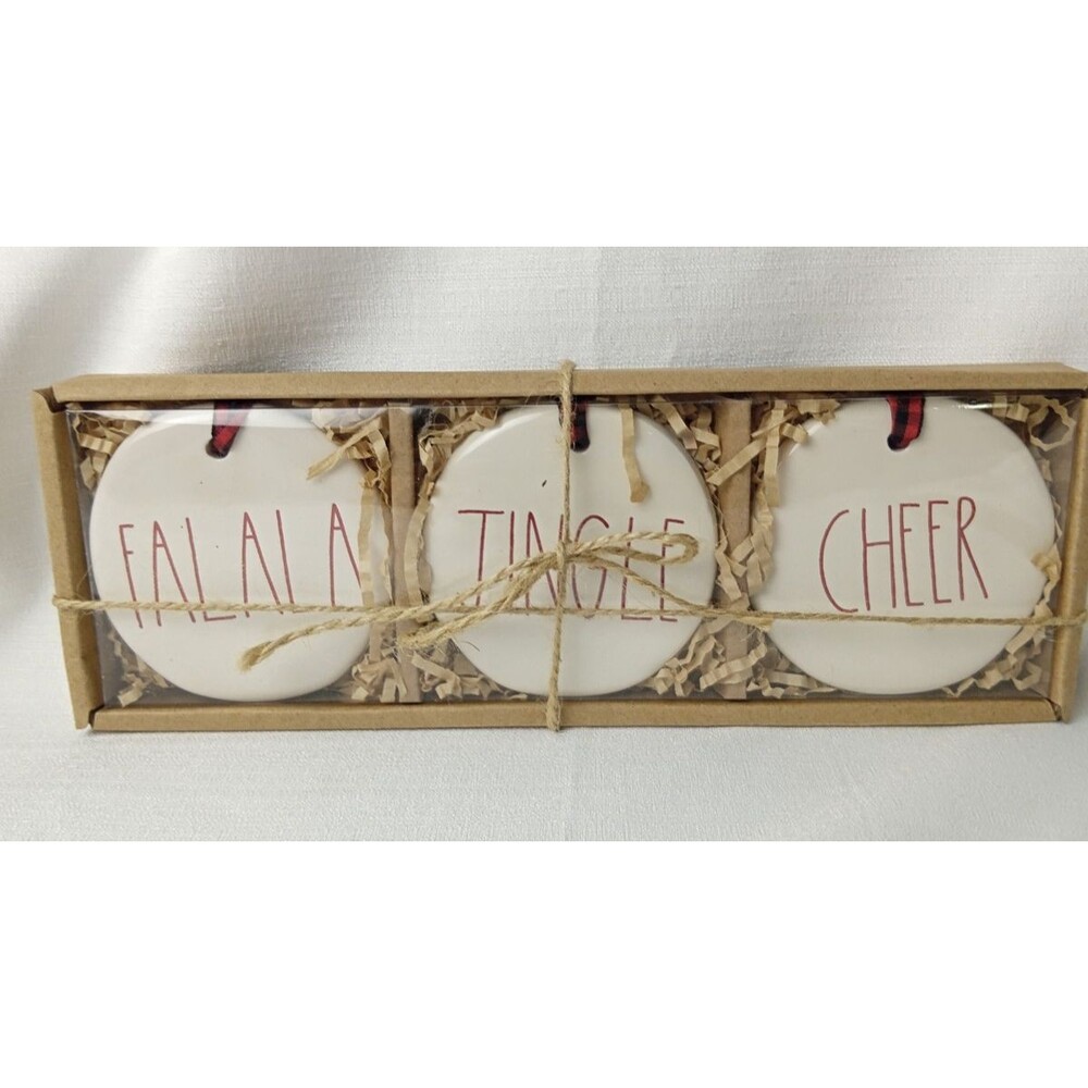 RAE DUNN CHRISTMAS ORNAMENTS SET OF 3 CHEER JINGLE FA LA LA New in Gift Pkg.